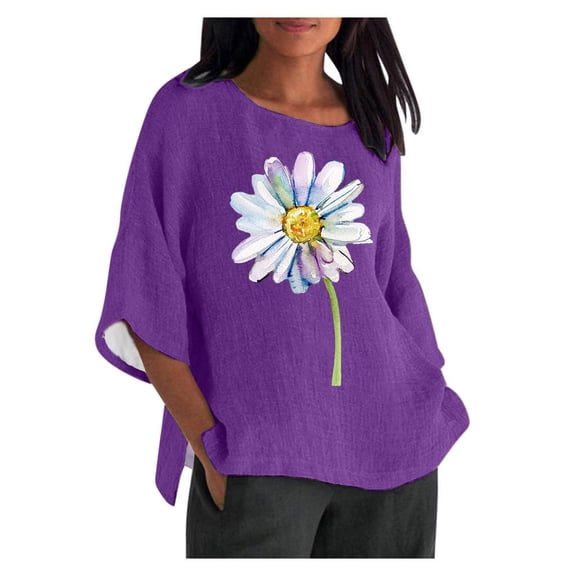 Buigttklop Cotton Linen Shirts for Women V Neck 3/4 Sleeve Floral Print Button Down Shirt Casual Loose Oversized Tee Top Summer Vintage Blouse Tunic