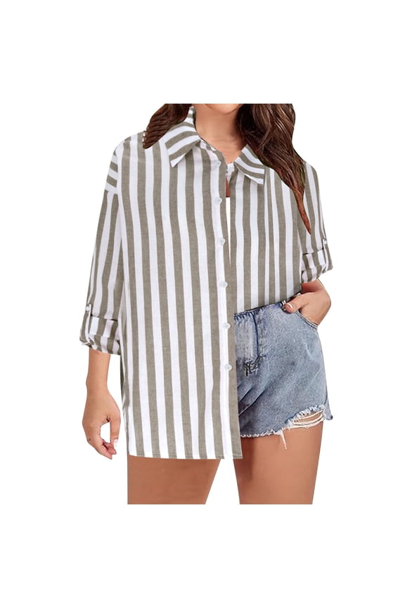 Plus Size Button Down Shirts for Women Short Sleeve Collared Blouses Summer Casual Tops Blouses Striped Long Sleeve Shirts Loose Fit Casual Tops