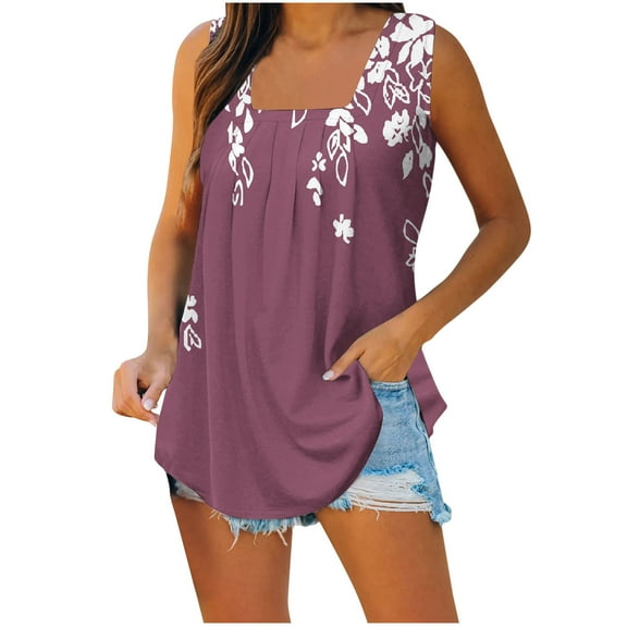 Buigttklop Sleeveless Vest Square Neck Beach Praty Shirts Vacation Floral Print Summer Tank Tops for Women