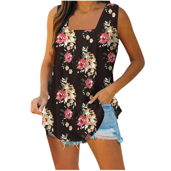 Buigttklop Womens Summer Tank Tops Sleeveless Square Neck Beach Praty Shirts Vacation Floral Print Shirt Tunic