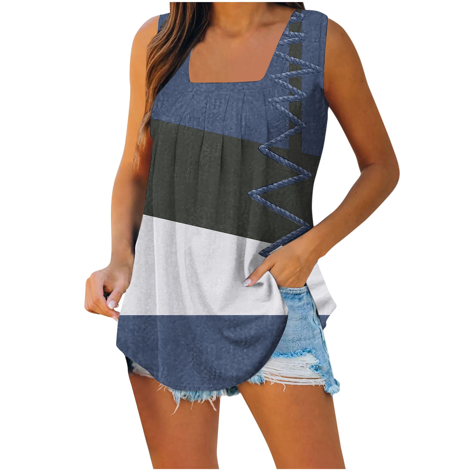 Womens Cotton Plaid Summer Tank Top With Blue Trim Neckline Relaxed Fit Breathable Comfort