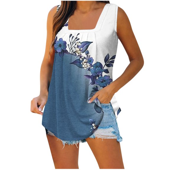 Buigttklop Summer Sleeveless Tank Tops for Women Square Neck Beach Praty Shirts Vacation Floral Print Shirt Tunic