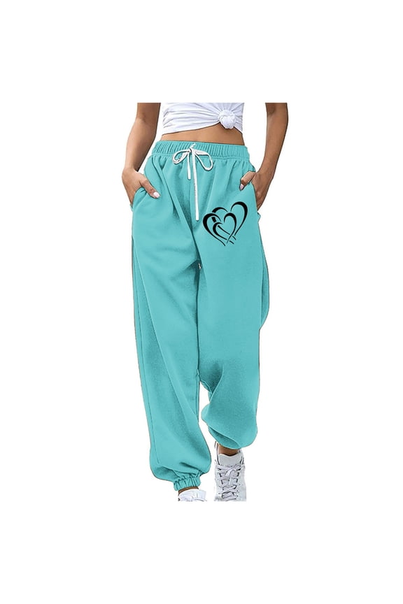 Women Festival Valentine Day Baggy Sweatpants Pockets High Waist Heart Print Patchwork Sport Athletic Jogger Pants Lounge Trousers
