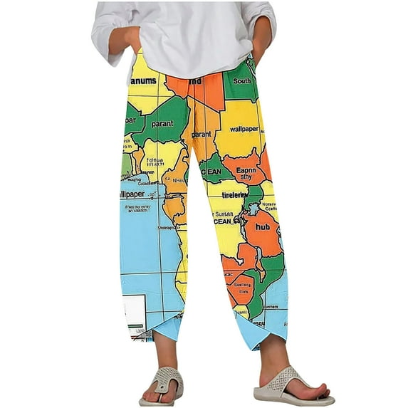 BUIgtTklOP no boundaries Women's Plus Size Vintage Wide Leg Pants Cotton Linen Harem Pants Summer Elastic Waist Casual Lightweight Baggy Dandelion Pants for Beach,Cropped Pants for Women Clerance