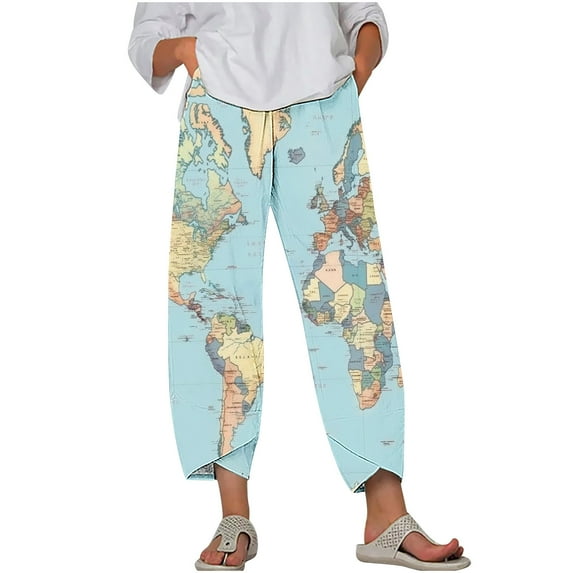 BUIgtTklOP no boundaries Women's Plus Size Vintage Wide Leg Pants Cotton Linen Harem Pants Summer Elastic Waist Casual Lightweight Baggy Dandelion Pants for Beach,Cropped Pants for Women Clerance