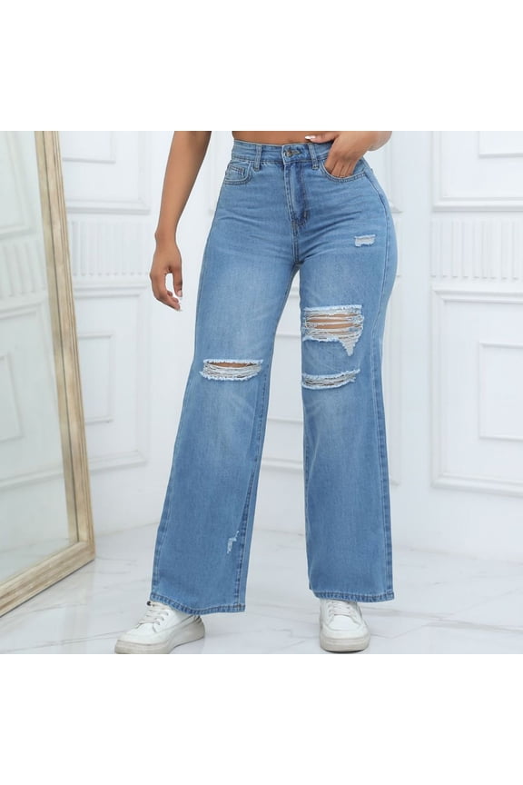 Women Stretchy Distressed Wide Leg Jeans Ripped Mom Baggy Straight Boyfriend Trendy Trouser Denim Pants for Women