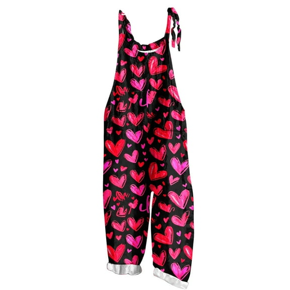 Buigttklop Ladies Sleeveless Jumpsuits Cotton Linen Rompers Dressy Valentine'S Day Print Overalls Retro Shoulder Straps with Pocket