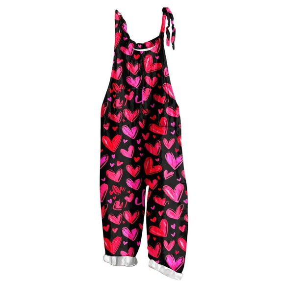 Buigttklop Ladies Sleeveless Jumpsuits Cotton Linen Rompers Dressy Valentine'S Day Print Overalls Retro Shoulder Straps with Pocket