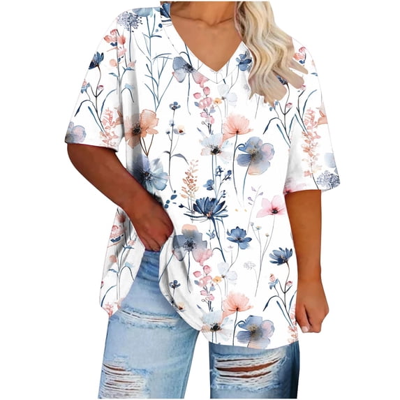 Buigttklop Plus Size Tees for Women Striped Flower Print T-Shirt Casual V-Neck Tops Relaxed Short Sleeve Shirts Summer Tops