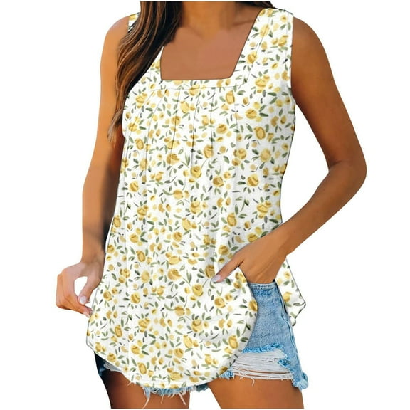 Buigttklop Summer Tank Tops for Women Sleeveless Square Neck Beach Praty Shirts Vacation Floral Print Shirt