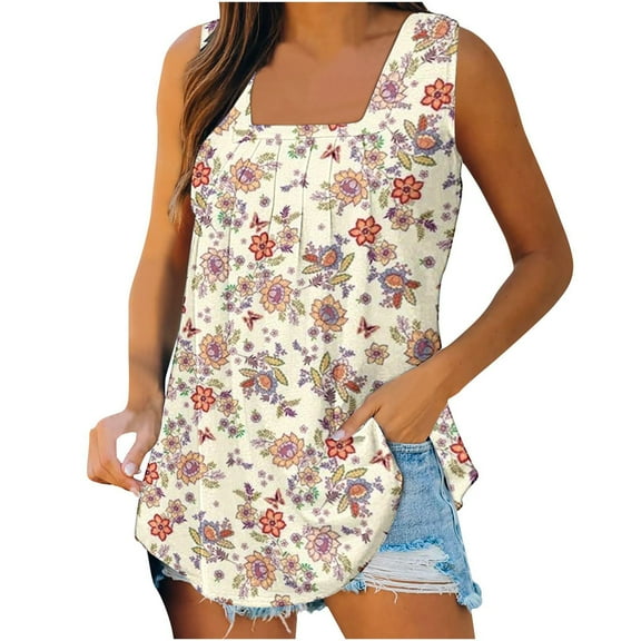 Buigttklop Summer Tank Tops for Women Sleeveless Square Neck Beach Praty Shirts Vacation Floral Print Shirt