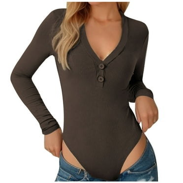 BUIgtTklOP no boundaries Women's Casual Long Sleeve V-Neck Ladies Solid Long Bodysuits