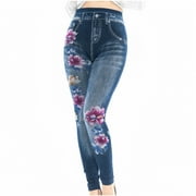 BUIgtTklOP no boundaries Women's Denim Print Fake Jeans Leggings Women's Imitation Denim Printed Leggings Capris High Waisted Elastic Pencil Pants