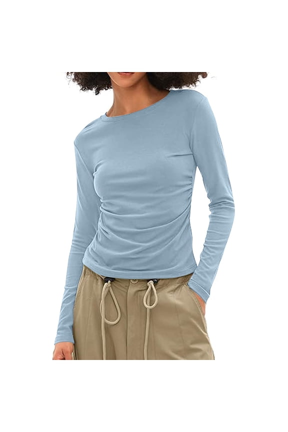 Women'S Long Sleeve Crew Neck Shirts Fall Basic Casual Ruched Side Slim Fit T Shirts Tee Tops