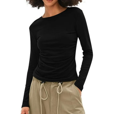BUIgtTklOP no boundaries Women's Long Sleeve Crew Neck Shirts Fall Basic Casual Ruched Side Slim Fit T Shirts Tee Tops