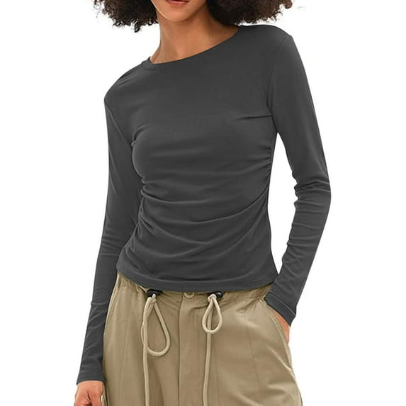 BUIgtTklOP no boundaries Women's Long Sleeve Crew Neck Shirts Fall Basic Casual Ruched Side Slim Fit T Shirts Tee Tops