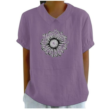 BUIgtTklOP no boundaries Women's Plus Size Comfy Cotton Linen Dandelion Shirts Summer Beach Short Sleeve Casual Loose Blouses Tunic Tops