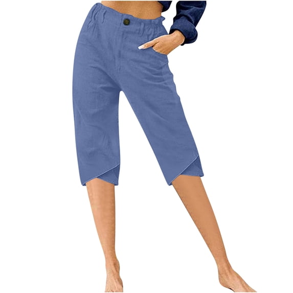 Buigttklop Women'S Summer High Waisted Shorts Button Down Solid Color Linen Midi Pants Capri Yoga Loose Pants for Women