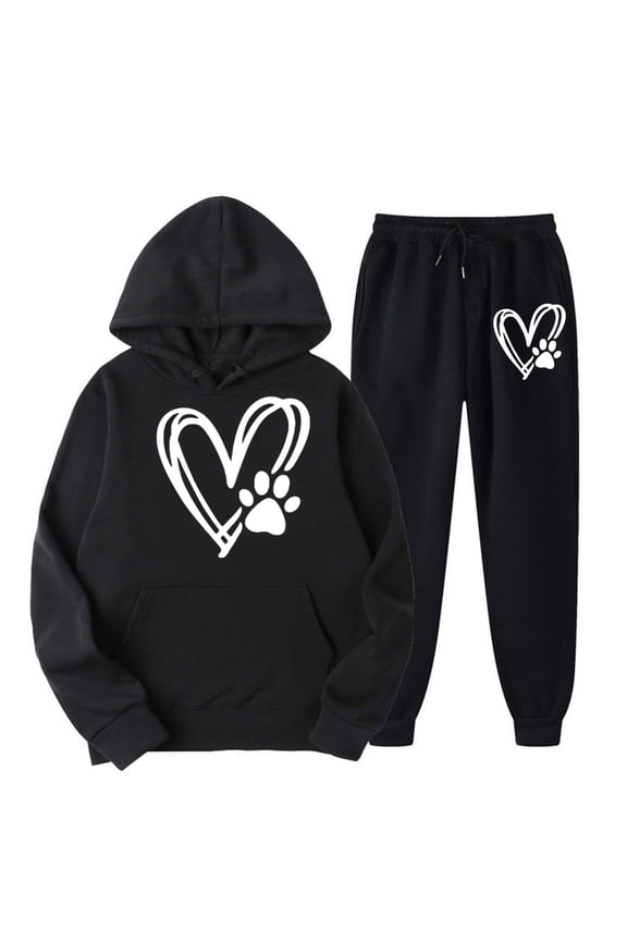 Womens Heartbeat Print Hoodie Sweatsuits 2 Piece Tracksuit Sets Casual Sweatshirt and Sweatpants Jogger Workout Outfit