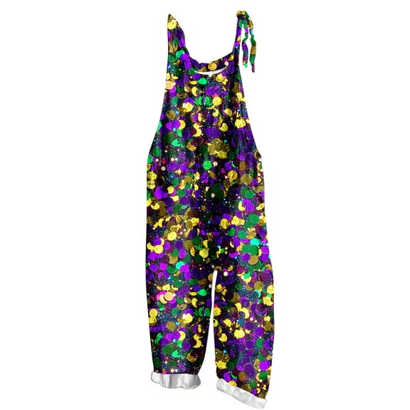 Buigttklop Womens Off-Shoulder Jumpsuit Colorful Adjustable Straps Mardi Gras Romper Sleeveless Carnival Print Cotton Linen Overall