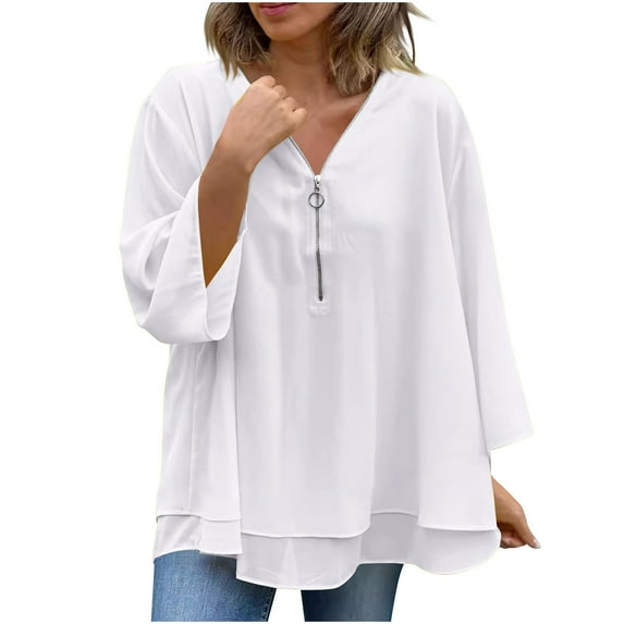 Buigttklop Womens Tops Dressy Casual 3/4 Roll Sleeve V Neck Half Zip Up Chiffon Tunic Shirts Plus Size Business Work Tshirt Blouse