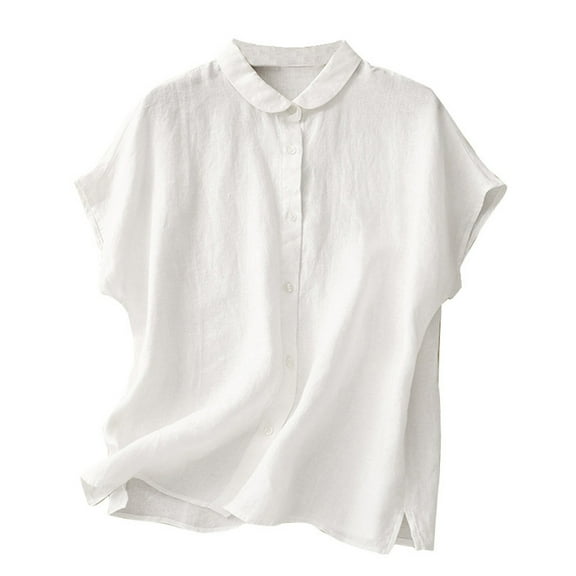 Buigttklop Womens Tops Plus Size Linen Cotton Button Down Short Sleeve Basic Shirts V Neck Oversized Cute Summer Tops for Women 2024