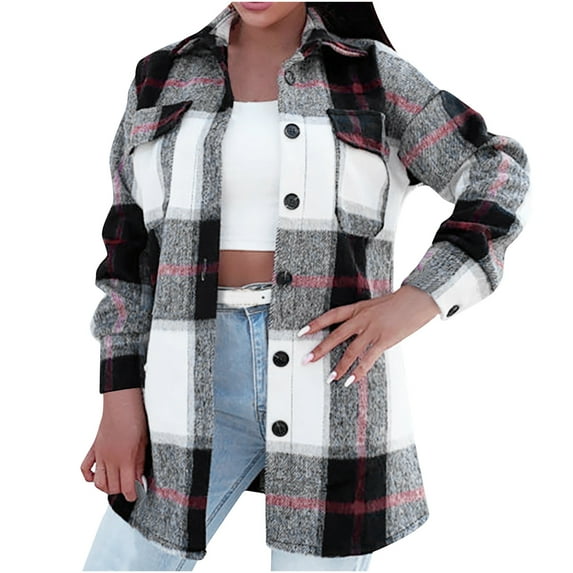 BUIgtTklOP Women Plaid Lapel Woolen Button Up Pocketed Long Sleeve Shirt Coat Jacket Outwear