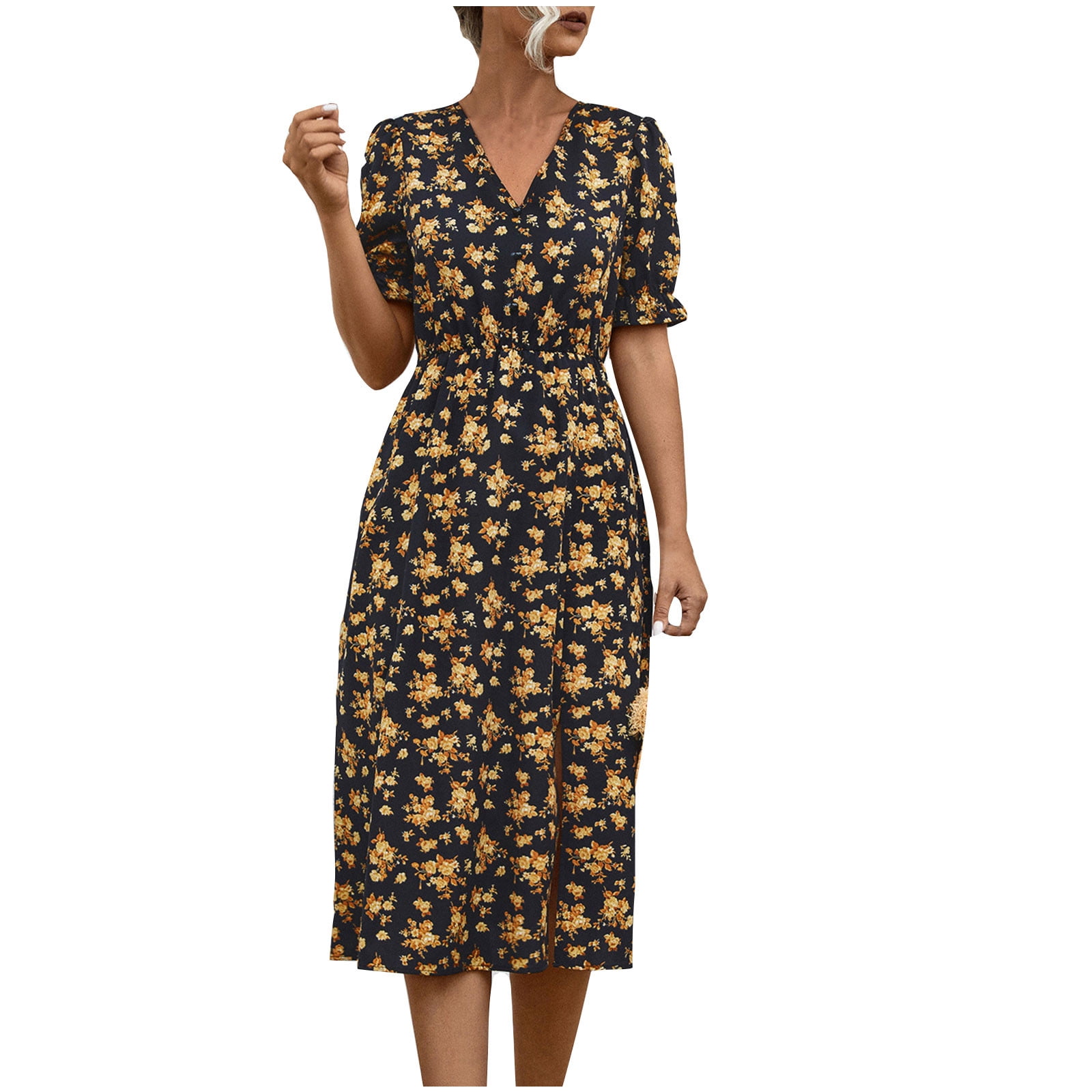 Women's Casual Short Dress With Puff Sleeves, Ruffle V-Neck & Pockets - Bow Print - View #8