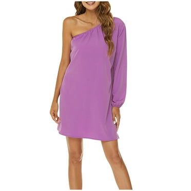 BUIgtTklOP Summer Dresses for Women 2024 Ladies Summer Solid Color Leisure Single Shoulder Long Sleeves Dress