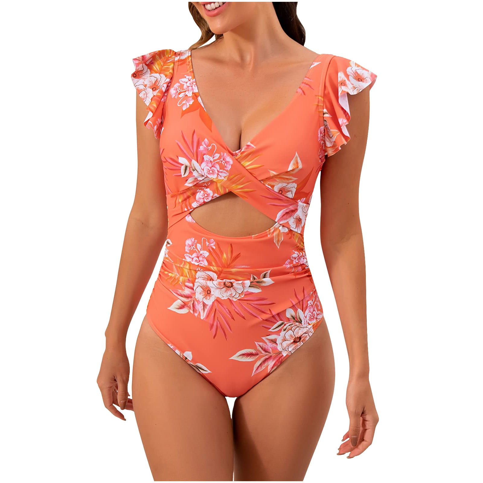 Women's One Piece Swimsuit Ruffle Cutout Bathing Suits Slimming Tummy Control V Neck Wrap Swimwear