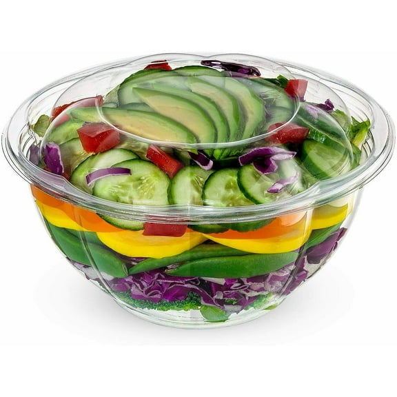 BULK 32 Oz Disposable Plastic Salad Bowls/Containers with Airtight Lids (150)