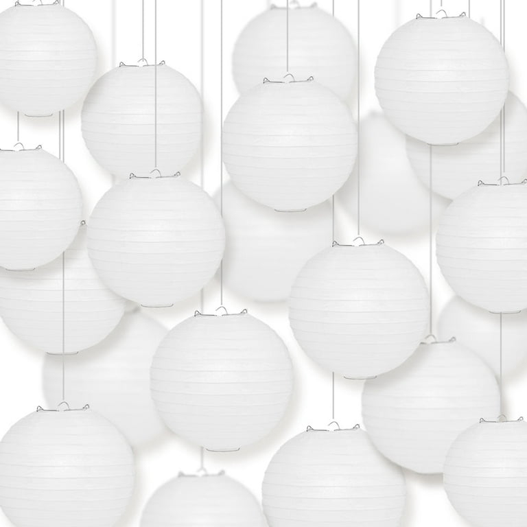 24 White Round Paper Lantern, Even Ribbing, Hanging Decoration