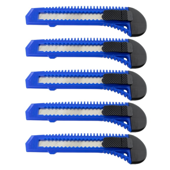 BULK Retractable Utility Knife 5 Pack 6 Inch Manual Lock Snap off Blade Large Size Plastic Body 8 Points Snap Blade Heavy Duty Stainless Steel Blade BLUE