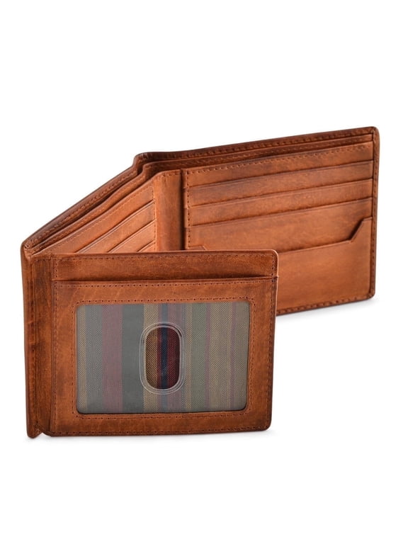 RFID Blocking Bifold Wallets for Men, Brown Full Grain Leather Credit Card Wallet with 2 ID Windows Premium Security and High Capacity