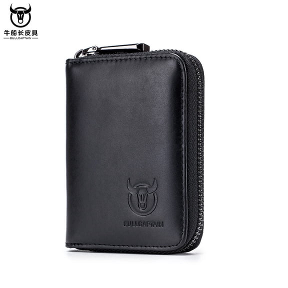 BULLCAPTAIN Genuine Leather Men Wallet Card Holder Cards Zipper Credit Card Pack Case Purse (Black)
