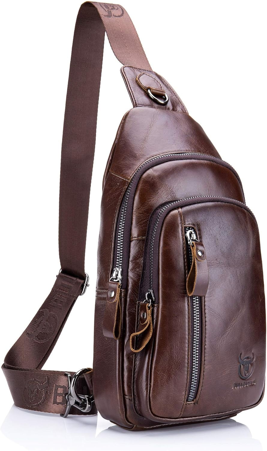 BULLCAPTAIN Genuine Leather Sling Bag Coffee Crossbody Backpack Daypack for Men