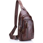 BULLCAPTAIN Genuine Leather Sling Bag Coffee Crossbody Backpack Daypack for Men
