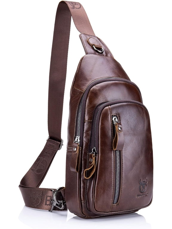 BULLCAPTAIN Genuine Leather Sling Bag Coffee Crossbody Backpack Daypack for Men