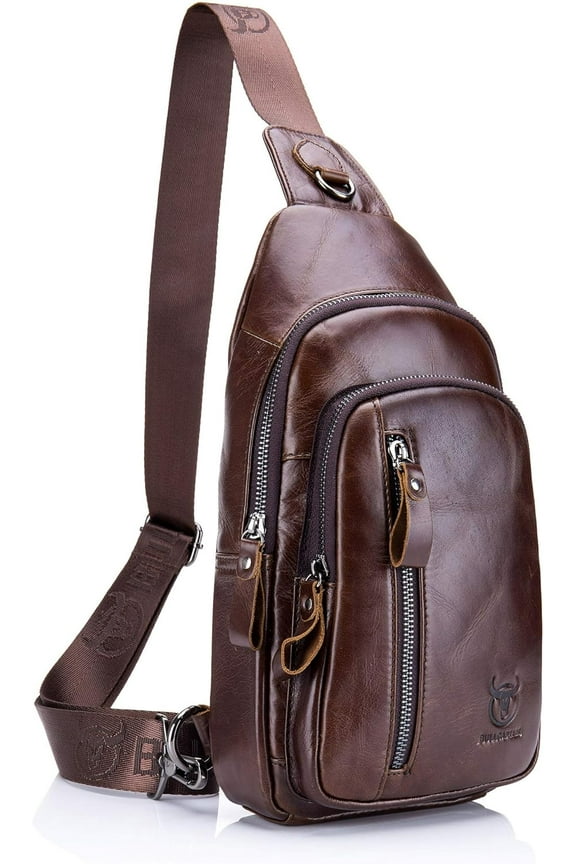 BULLCAPTAIN Genuine Leather Sling Bag Coffee Crossbody Backpack Daypack for Men