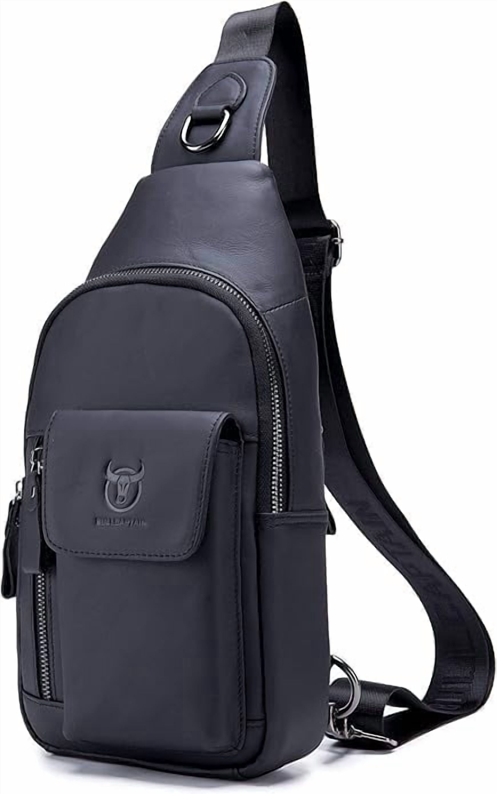 BULLCAPTAIN Genuine Leather Sling Bag for Men, Crossbody Chest Backpack with Adjustable Strap, Zipper Closure. , Black