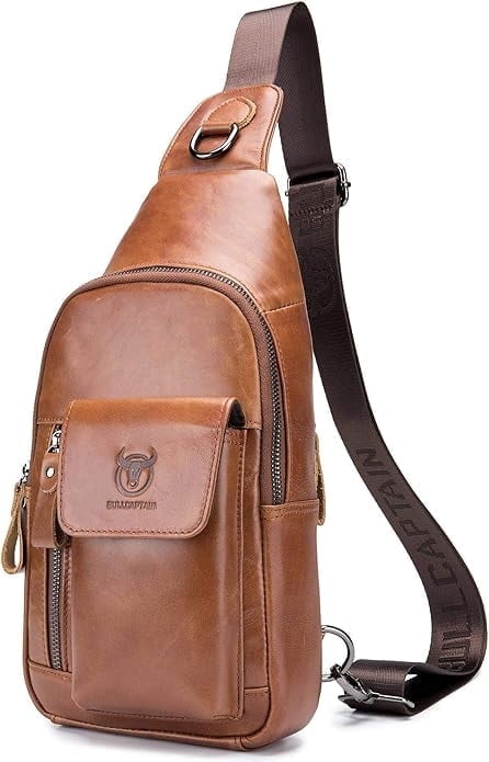 BULLCAPTAIN Genuine Leather Sling Bag for Men, Crossbody Chest Backpack with Adjustable Strap, Zipper Closure,Brown