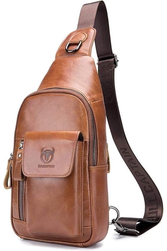 BULLCAPTAIN Genuine Leather Sling Bag for Men, Crossbody Chest Backpack with Adjustable Strap, Zipper Closure,Brown