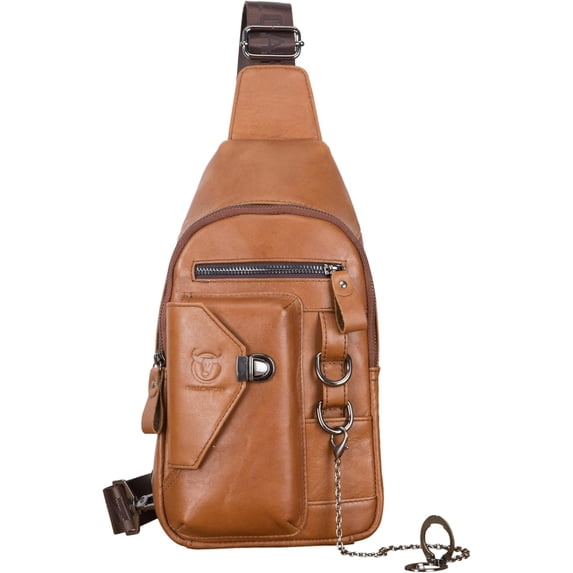 BULLCAPTAIN Genuine Leather Sling Bag for Men - Stylish Crossbody Chest Backpack with Cellphone Stand & Chain