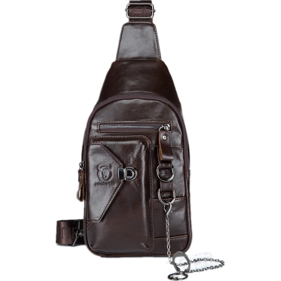 BULLCAPTAIN Genuine Leather Sling Bag for Men - Stylish Crossbody Chest Backpack with Cellphone Stand & Chain