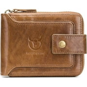 BULLCAPTAIN Genuine Leather Wallet for Men Large Capacity ID Window Card Case with Zip Coin Pocket Brown