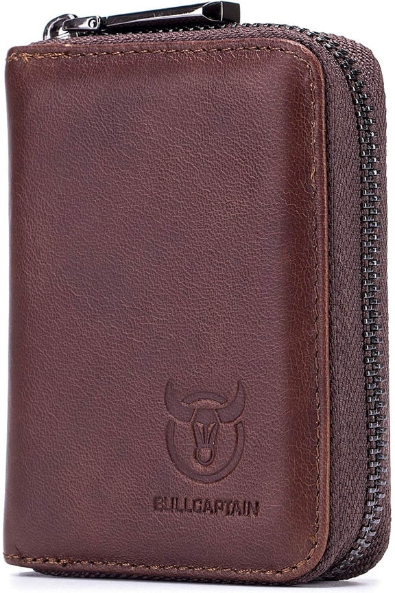 BULLCAPTAIN Genuine Leather Zipper Wallet for Men, Compact Credit Card Holder with 11 Card Slots, Vintage Cowhide Card Case,Brown