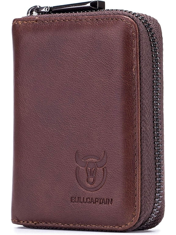 BULLCAPTAIN Genuine Leather Zipper Wallet for Men, Compact Credit Card Holder with 11 Card Slots, Vintage Cowhide Card Case,Brown