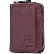 BULLCAPTAIN Genuine Leather Zipper Wallet for Men, Compact Credit Card Holder with 11 Card Slots, Vintage Cowhide Card Case,Brown