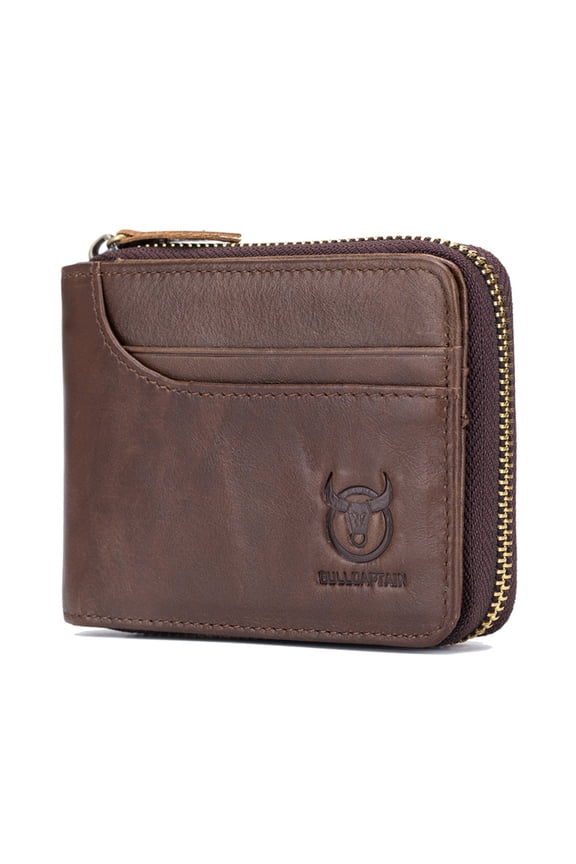 BULLCAPTAIN Leather Bifold Zipper Wallet for Travel Purse Pouch