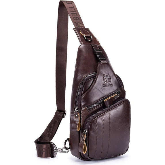 BULLCAPTAIN Leather Men Sling Bag Casual Crossbody Chest Bags Travel Daypack